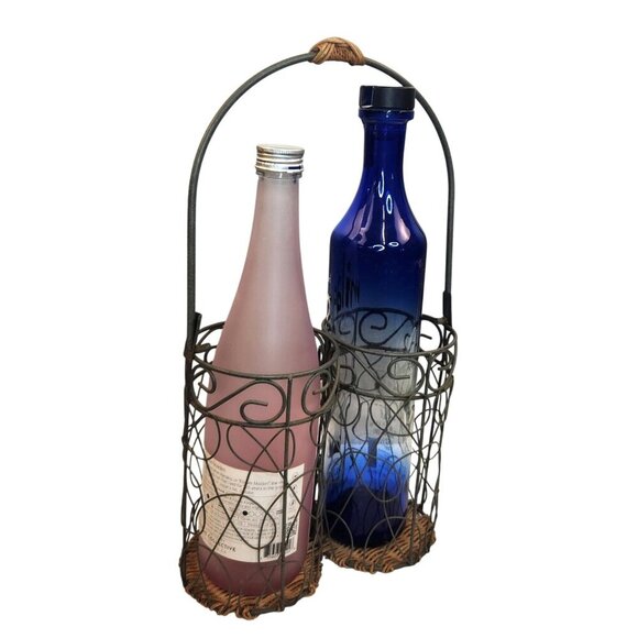 Vintage Double Bottle Holder Rustic Metal & Wicker Decorative Easy Carry Wine/Wa - Picture 5 of 5